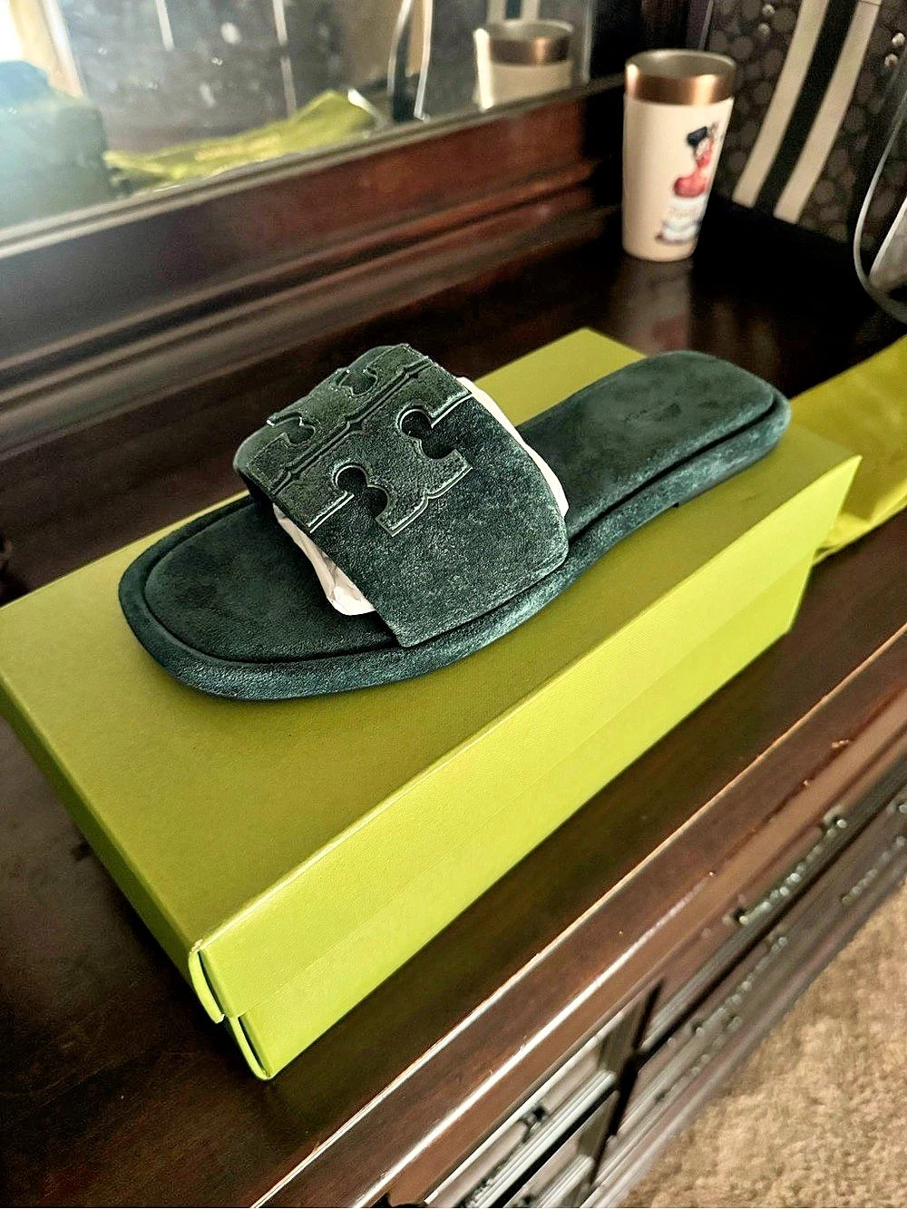 Tory Burch Double T Sport Slide Suede Green US 8.5